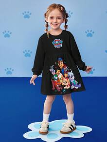 SHEIN | PAW Patrol Young Girl Cute Cartoon Puppy Print Round Neck Long Sleeve Knit Dress, Suitable For Autumn/Winter - Black - View 5