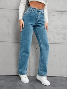 SHEIN Tall 高腰100%纯棉斜口袋直筒牛仔裤 - 淺色水洗藍 - 查看 3