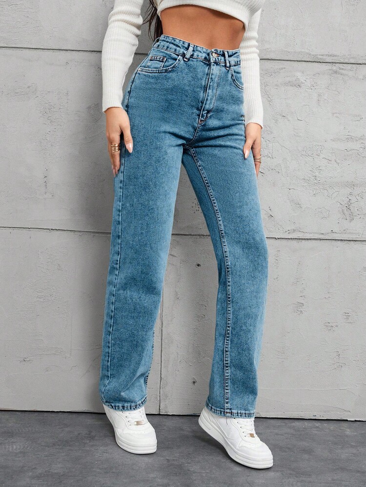 SHEIN Tall TALL Size100%Cotton Slant Pocket Straight Leg Jeans High Waisted Jeans Oversized Jeans Y2k Jeans Baggy Jeans Wide Leg Jeans - Light Wash - View 3