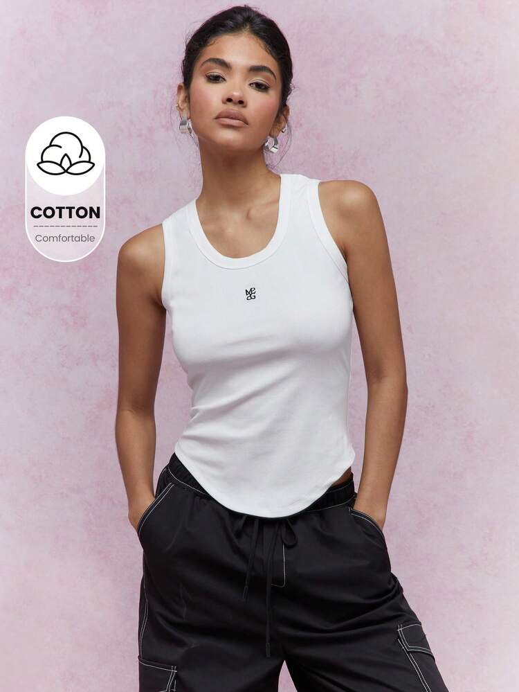 MISSGUIDED Street Embroidered Logo Ribbed Curved Hem Tank Top