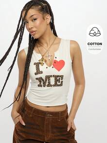 SUMWON WOMEN I Love Me Leopard Print Crop Tank Top V Neck Fitted Sleeveless Summer Festival Casual Everyday Statement Cotton - White - View 1