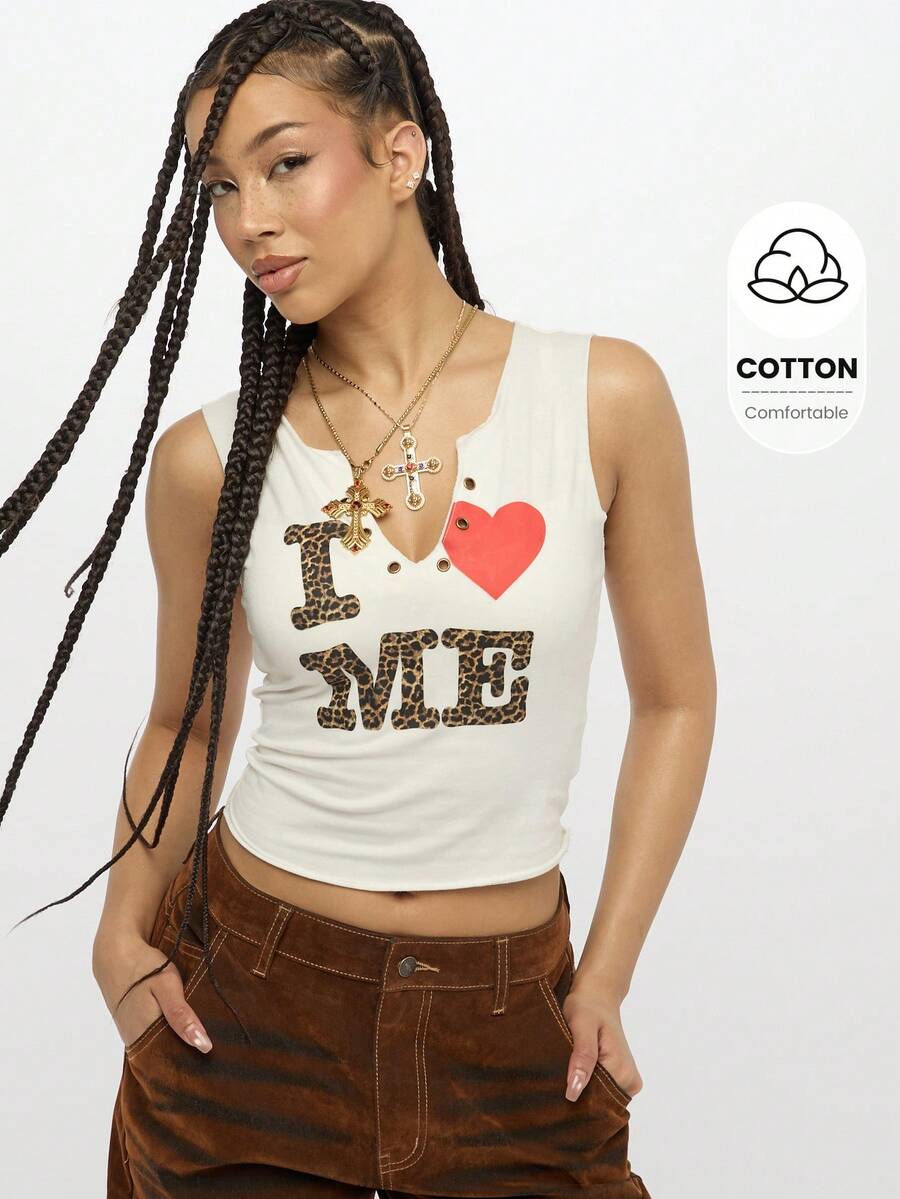 SUMWON WOMEN I Love Me Leopard Print Crop Tank Top V Neck Fitted Sleeveless Summer Festival Casual Everyday Statement Cotton - White - View 1