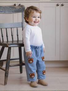 Vintaside Kids Baby Boy Casual Bear Patch Denim Jeans - Medium Wash - View 8
