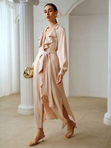 ZEYLAH Spring Ruffled Collar Long Sleeve Satin Dress, Romantic For Valentine's Day - Baby Pink - View 6