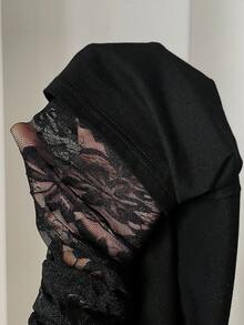 Easowa 圆领蕾丝拼接二合一长袖套头T恤，休闲宽松优雅通勤复古风女装，2025秋冬新款极简主义冬季女式黑色纯色不对称下摆撞色蕾丝优雅T恤缎面蕾丝黑色T恤 - 黑色 - 查看 9