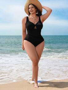 Swim Lushoire 加大码女士黑色纹理褶皱腰部显瘦性感紧身沙滩派对连体泳衣 - 黑色 - 查看 6