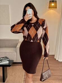 Vionelle Autumn/Winter Round Neck Long Sleeve Argyle Pattern Patchwork Solid Color A-Line Dress, Fashionable Retro Plus Size Sweater Dress Sweater Dresses For Women Knit Two Piece Set Brown Bodycon Dress Brown Two Piece Set Women Plaid Two Piece Set - Coffee Brown - View 5