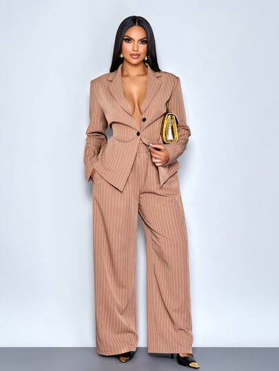 SOLERSUN Women's Striped Blazer And Wide-Leg Trouser Suit Set With A Fitted Waist And Relaxed Fit, Suitable For Everyday Elegant Commuting, Business Activities, And Shopping."