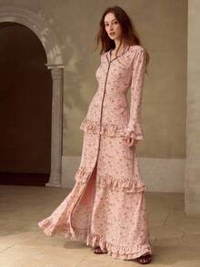 MOTF PREMIUM DITSY FLORAL FLARE SLEEVE LAYERED RUFFLE TIERED HEM MAXI DRESS , SPRING FALL - Baby Pink - View 6