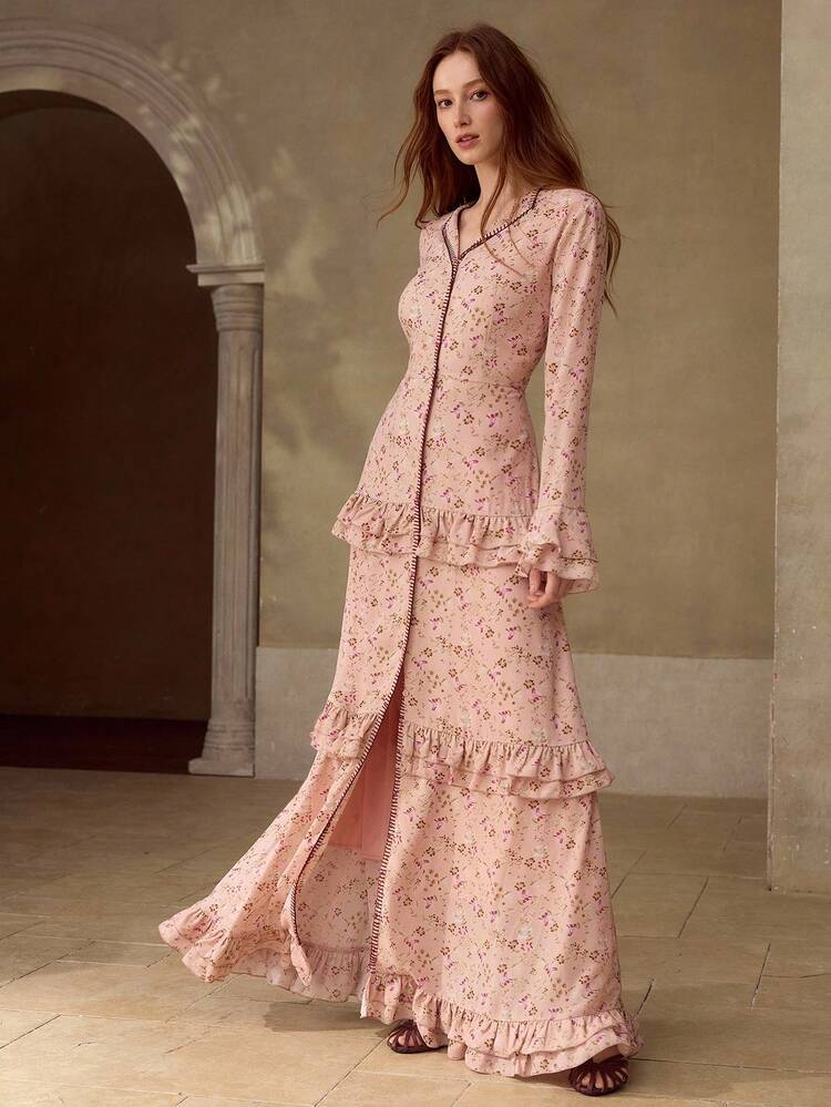 DITSY FLORAL FLARE SLEEVE LAYERED RUFFLE TIERED HEM MAXI DRESS , SPRING FALL