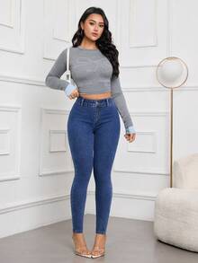 SHEIN Essnce Quần jean ôm vừa vặn, dễ mặc, thoải mái khi đi làm - Màu xanh lam - Xem 3