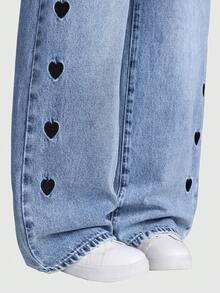 SHEIN Pantalones vaqueros de pierna ancha con lavado desgastado, bordado de copos de nieve y estilo de moda para niñas preadolescentes. Pantalones de pierna ancha con bordado de corazón elegante y suelto, diseño lindo y genial. - Lavado ligero - Ver 8