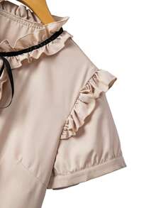 GlowEve CURVE 时尚休闲法式复古优雅泡泡袖荷叶边缎带撞色蝴蝶结通勤衬衫 - 杏色 - 查看 6