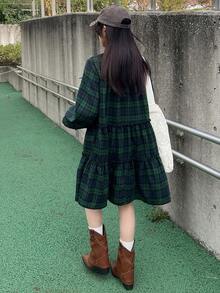 FRIFUL Đầm sơ mi nữ tay dài cổ kẻ caro, tay bồng xếp ly, vạt rộng, thiết kế bèo nhún phối ghép, dáng suông thoải mái, đa năng, dài ngang gối, thích hợp cho mùa thu/đông. - Nhiều màu - Xem 2