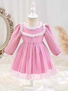 SHEIN Baby Girl Vintage Sweet Mesh Princess Dress,Elegant Dusty Pink,Autumn Birthday Party Outfit With Double Lace Collar,Lantern Sleeves & Mesh Skirt - Pink - View 5