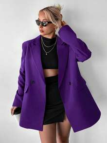 Ritzy Row Women's Casual Oversized Padded Shoulder Mid-Length Double-Breasted Blazer