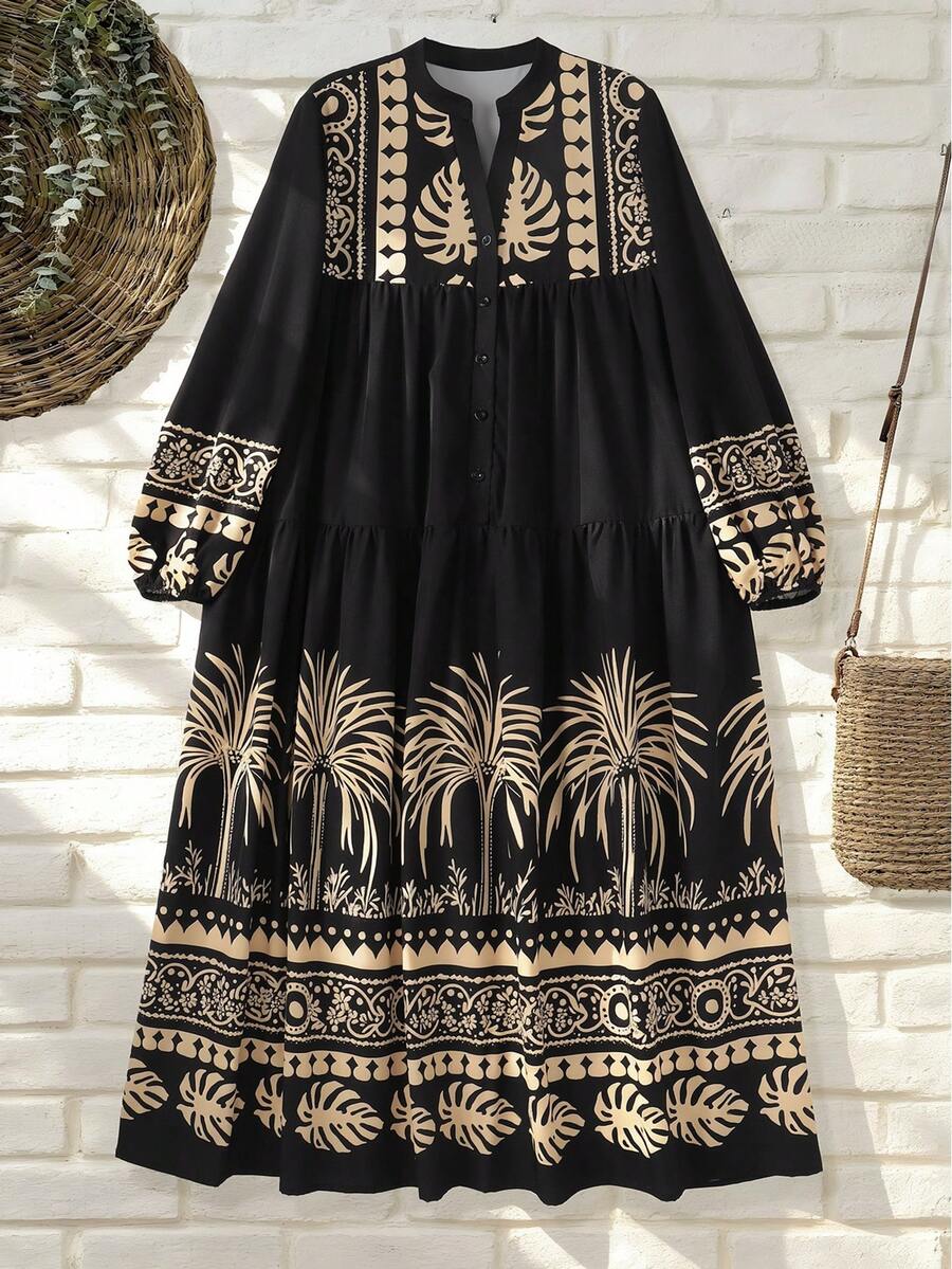 SHEIN Franclia Women's Casual Print V-Neck Loose Lantern Sleeve Dress - Black - View 1