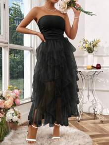 Rafferiza Petite Elegant & Fashionable Young Women's Minimalist Versatile Strapless Mesh Long Dress, Suitable For Spring/Autumn Strapless Black Dress Black Dress Summer Midi Black Dress Birthday Dresses Organza Dress Valentine's Day - Black - View 5