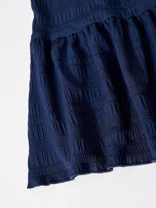 SHEIN Casuvi Kids 女童宽松A字连衣裙，梭织纹理雪纺面料，舒适休闲，蝴蝶结装饰，美式学院风，适合春夏日常穿着 - 藏蓝色 - 查看 5