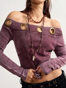 Bohemela Áo kiểu nữ tay dài, màu trơn, chất liệu dệt kim, đính kim loại, kiểu dáng trễ vai, thích hợp cho Giáng sinh, Năm mới, Lễ tình nhân. - Màu tím - Xem 3