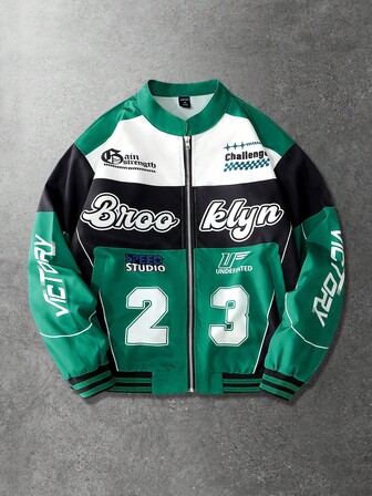 Street Life Veste de motard zippée avec élément de course numérique et lettre, style mode de rue décontracté pour homme. Convient pour l'automne/l'hiver