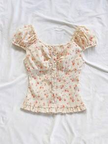 Soleia Women's Floral Ruffle Trim Embroidered Fashionable Sweet Versatile Puff Sleeve Blouse