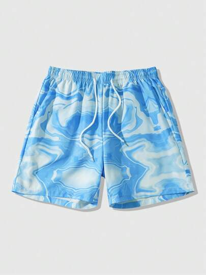 Street Life Pantalones cortos casuales sueltos con estampado de mármol y cordón en la cintura para hombres