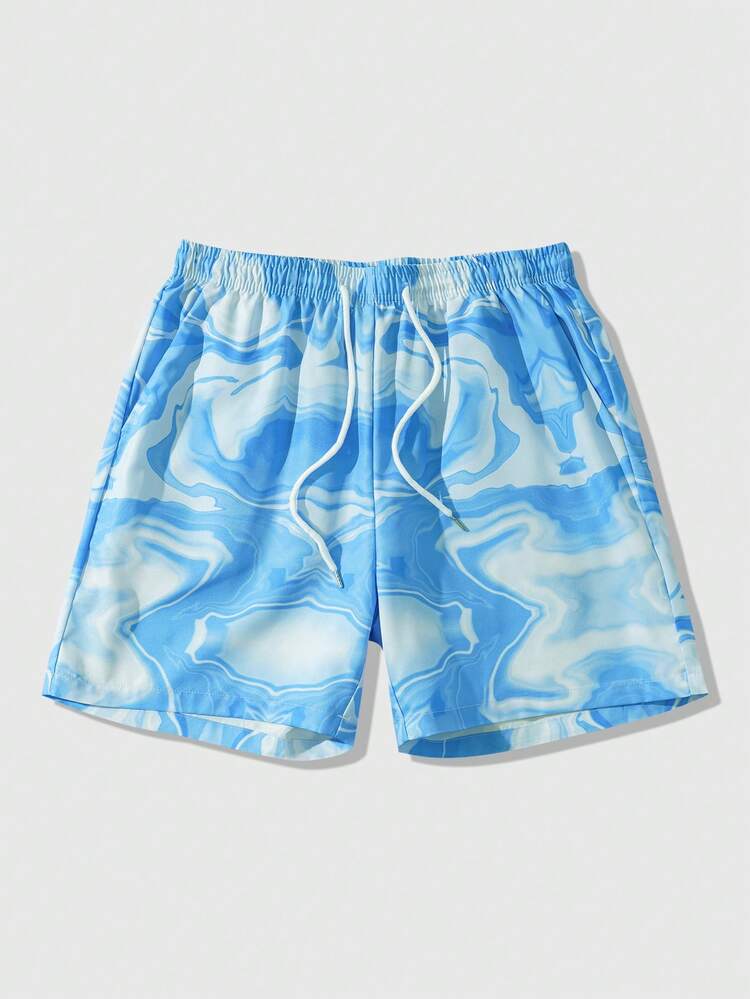 ROMWE MEN Street Life Pantalones cortos casuales sueltos con estampado de mármol y cordón en la cintura para hombres - Azul - Añade 1