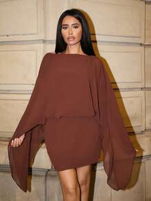 Yassique Vestido mini de cuello de barco con mangas, de estilo bohemio, elegante y sexy, ideal para vacaciones, verano, festivales, fiestas, bodas, citas y otras ocasiones especiales - Marrón - Ver 6