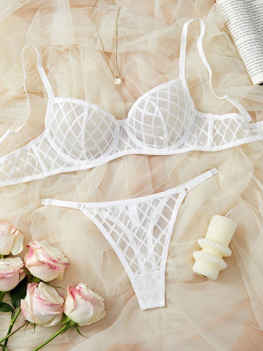 2pcs Set Romantic Sheer Mesh Sexy Lingerie, Sexy Bralette With No Lining - White - View 1
