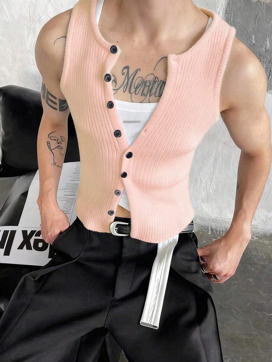 Manfinity Roghcode Men's Solid Color Front Button Rib Knit Vest - Coral Pink - View 1