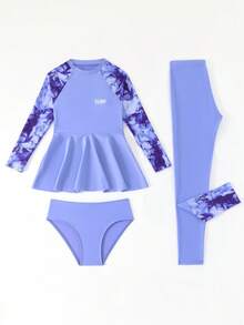 SHEIN Tween Girls Solid Color Long Sleeve Crew Neck Top, Fashionable For Summer Swimwear Girls 3 Piece Swimsuit Long Sleeve Girls Long Sleeve Swimsuit Set Girls Rash Guard Set Long Sleeve Swimsuit With Leggings Girls Modest Swimsuits For Girls Girls Long Sleeve Pants Swimsuits Skirt 2-Pieces Rash Guard Set Sun Protection UV 50+ - Purple - View 6