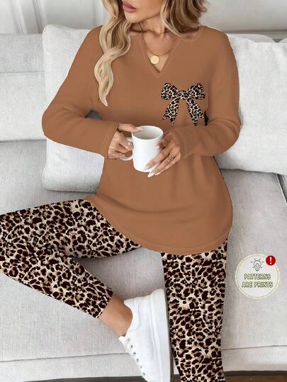 SHEIN LUNE 女士长袖T恤和打底裤两件套，秋冬棕色套装，女士两件套休闲套装，格子豹纹印花休闲女装，优雅女士套装，长袖休闲套装