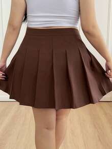 CovetEZ Plus Size Women Brown Pleated Mini Skirt, Collegiate Style - Brown - View 2