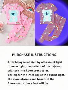 2件套 女童可爱彩虹熊印花长袖上衣和紧身裤睡衣套装 - 粉色 - 查看 6