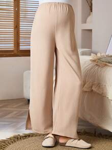 SHEIN Maternity Casual Commuting Sports Style Adjustable Waist Contrast Striped Side Split Hem Loose Wide Leg Pants Lingerie Lingerie Set Underwear Women Pajama Pajama Dress Loungewear Nightgown Robe Sleepwear Sleepwear Set Tank Top With Bra Loungewear Women Knit Pants Sweatpants Women Sleepwear Women Casual Pants Women - Apricot - View 3