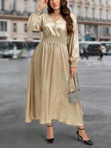SHEIN LUNE 大码秋季服装 全印花褶皱豹纹长袖连衣裙/秋季连衣裙/秋季女装 秋季婚礼宾客礼服 优雅女装 商务休闲女装 工作连衣裙 商务连衣裙 秋季大码女装 圣诞节女装 新年女装 感恩节女装 感恩节女装 性感夜店女装 优雅奢华晚礼服 亮片连衣裙 - 金色 - 查看 11