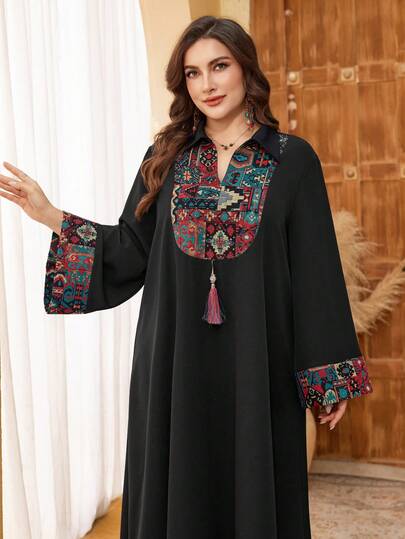 Al Najma Plus Size Women's Retro Jacquard Colorful Tassel Patchwork Loose Long Sleeve Elegant Arabic Dress
