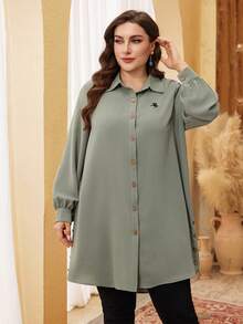 Lacomfia Plus Size Long Sleeve Solid Color Embroidered Button-Up Casual Shirt Fall - Green - View 1