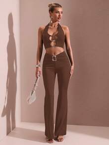 SHEIN BAE Quần ống loe vuông đính đá xếp ly thanh lịch dành cho nữ, phù hợp đi làm, đi chơi, dự tiệc, màu trơn tối giản - màu nâu - Xem 5