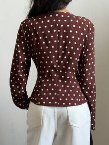 Siren Gaze 新款褶裥腰身波点长袖衬衫，棕色复古风时尚办公衬衫，优雅职场必备单品，女士 - 咖啡棕 - 查看 2