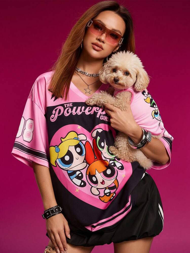 THE POWERPUFF GIRLS X SHEIN Women's Casual Fashion Street Sporty Cute Cartoon & Numeric Print Contrast Color V-Neck Loose T-Shirt, Summer Fall Pink Jersey Christmas And New Year Graphic Tees Women Oversized - Pink - View 8