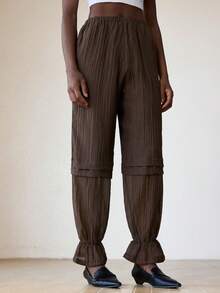 Aveloria Modichic Pantalon décontracté avec texture froissée et ourlet en dentelle marron, style décontracté et sans effort - Tabac - Voir 3