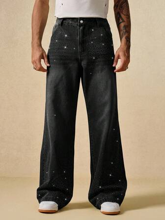 Street Life Loose Straight Comfortable Rhinestone Embellished Casual Men Jeans