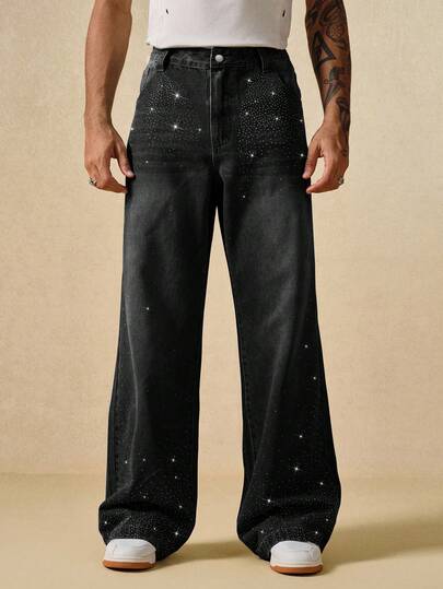 Street Life Locker geschnittene, gerade, bequeme Herren Jeans mit Strass-Verzierung