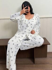 SHEIN 3件套加大码女式蝴蝶结印花吊带背心、开衫和裤子睡衣套装 - 白色 - 查看 6