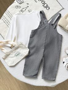 Playful Pals 男婴休闲条纹背带裤及长袖圆领上衣套装，秋冬季