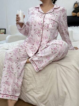 Dream Adore Purple Floral Print Shirt Style Cardigan Sleepwear Set, Plus Size