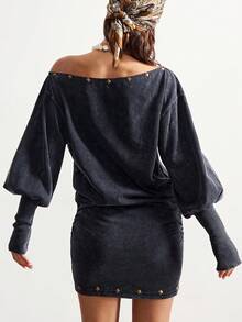 Bohemela Rochie mini casual din tricot, cu umeri asimetrici, în culoarea unui singur material, pentru femei - Negru - Vizualizare 4