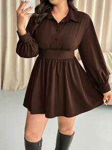 Vionelle Vestido plus size de cor sólida com cintura franzida, mangas compridas e gola camisa em tecido plano, ideal para outono/inverno. - Castanho Café - Ver 5